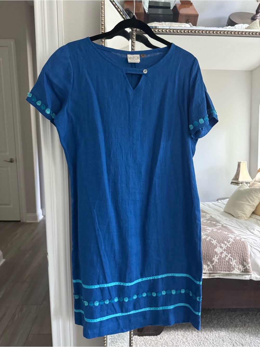 Linen dress by Match. Size M, Cobalt Blue Linen dress with Teal Embroidery